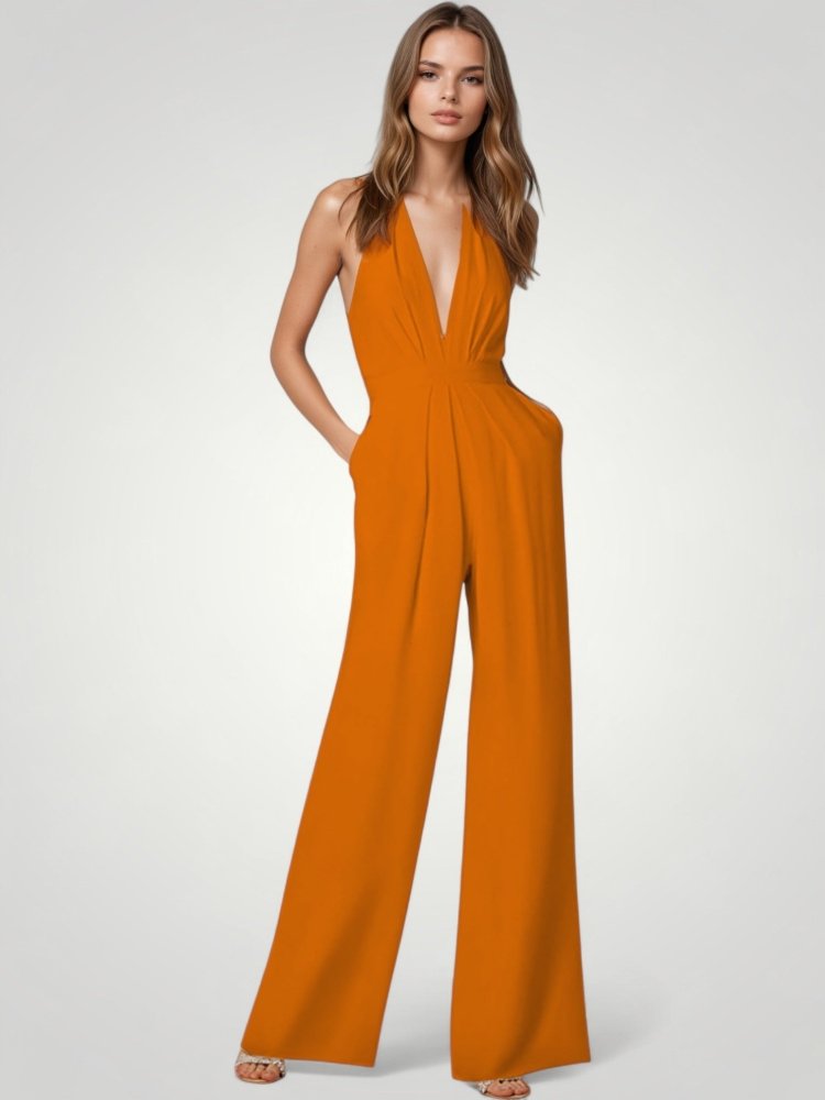 Combinaison Femme Élégante à Pantalon Large et Dos Nu