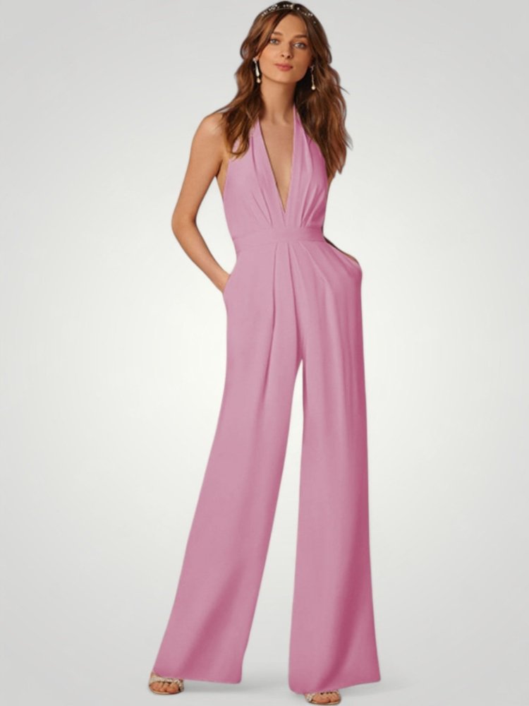 Combinaison Femme Élégante à Pantalon Large et Dos Nu