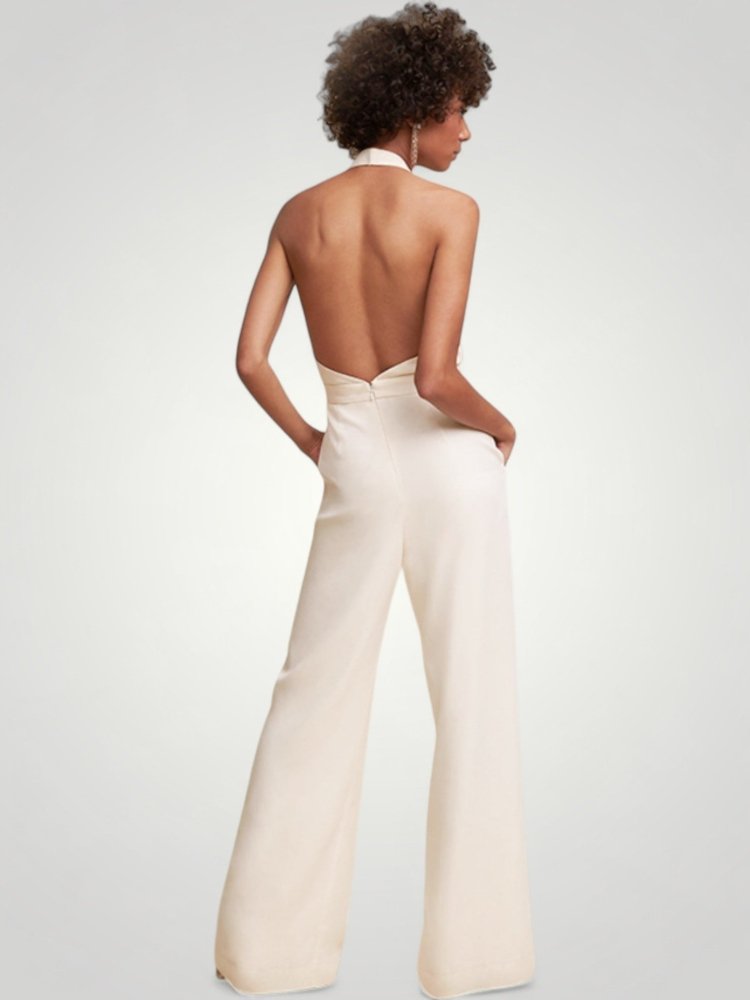 Combinaison Femme Élégante à Pantalon Large et Dos Nu