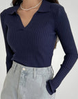 Pull Côtelé à Col Polo Élégant pour Femme 5 - Mode Lumière