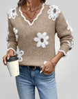 Pull Femme à Col V Élégant avec Motif Floral 5 - Mode Lumière