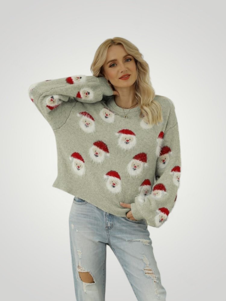 Pull Gris Festif avec Motif Père Noël 16 - Mode Lumière