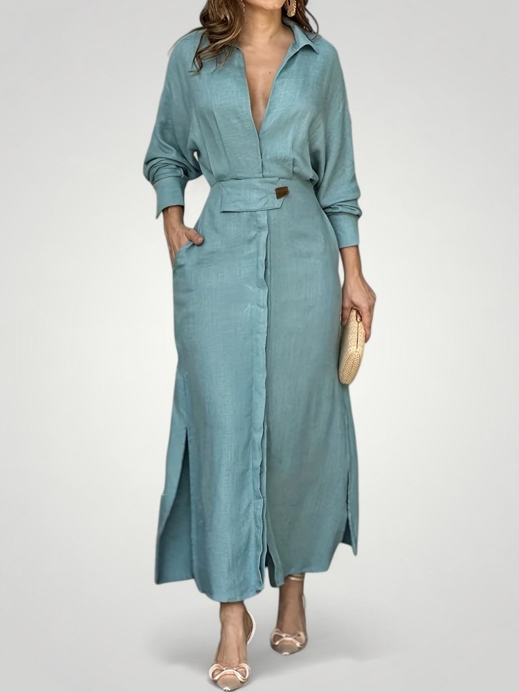 Robe Élégante Femme à Manches Longues avec Col V