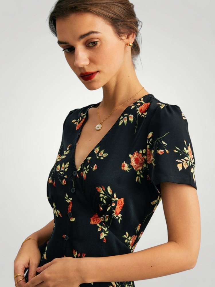 Robe Maxi Fleurie Femme Élégante à Col V
