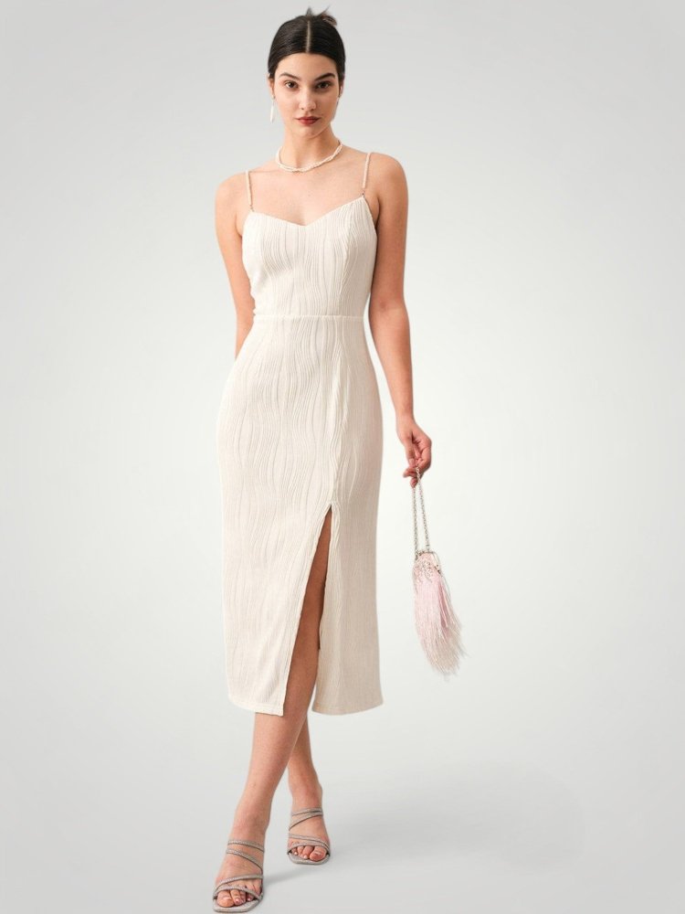Robe Midi Femme Élégante avec Détails en Perles