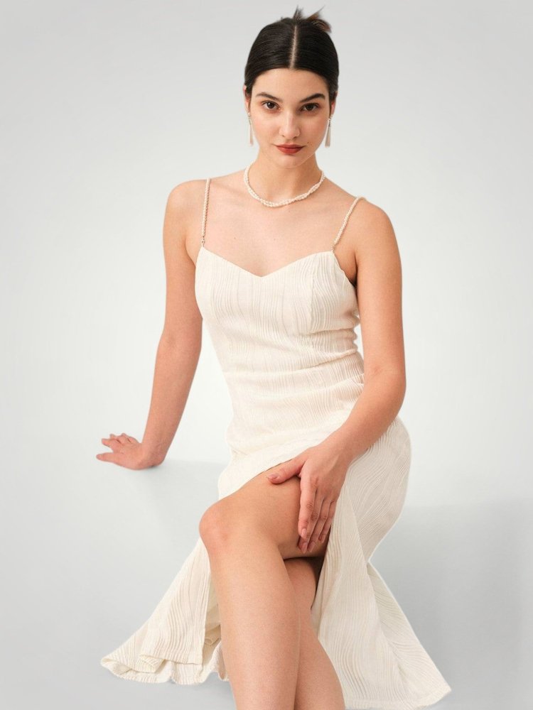 Robe Midi Femme Élégante avec Détails en Perles