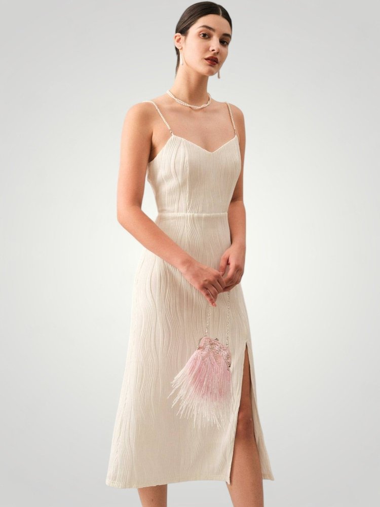 Robe Midi Femme Élégante avec Détails en Perles