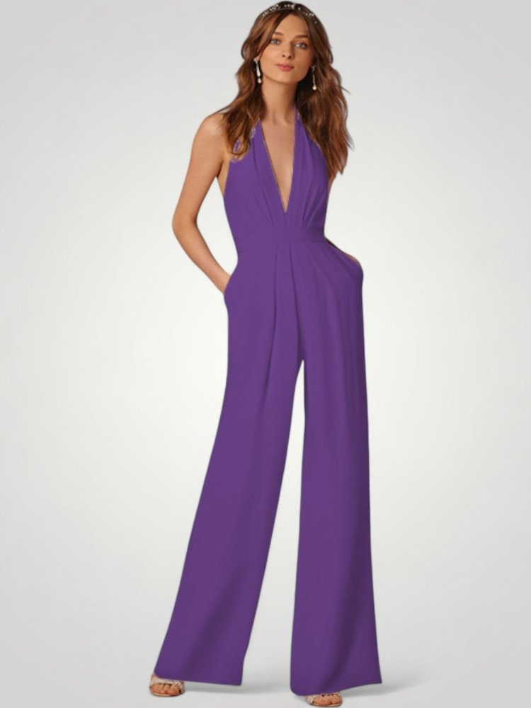 Combinaison Femme Élégante à Pantalon Large et Dos Nu