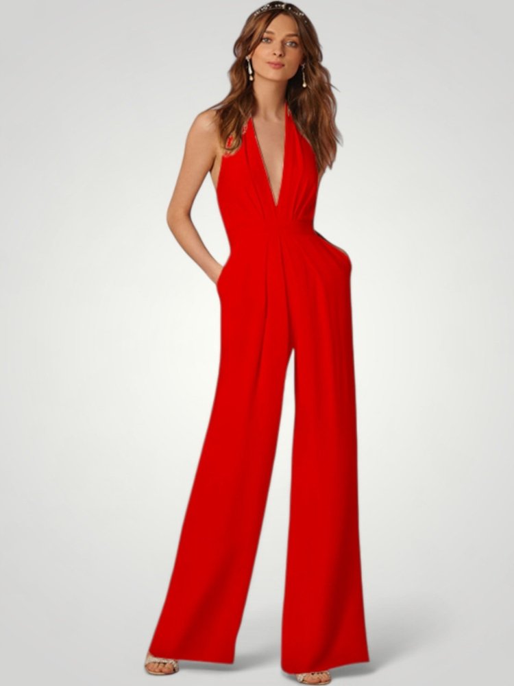 Combinaison Femme Élégante à Pantalon Large et Dos Nu
