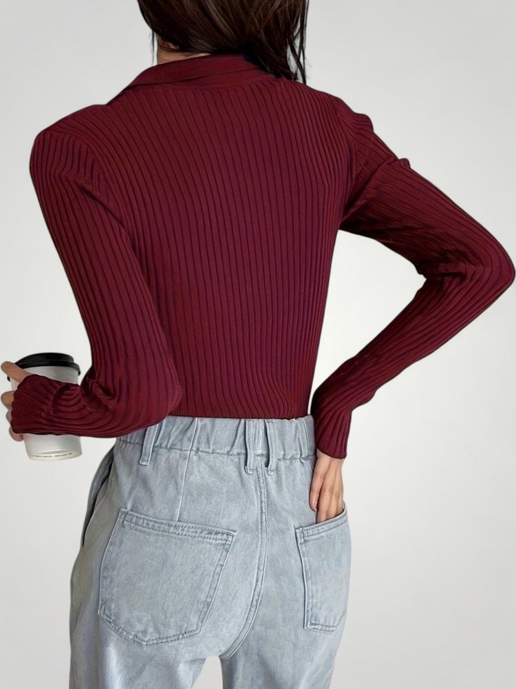 Pull Côtelé à Col Polo Élégant pour Femme 2 - Mode Lumière