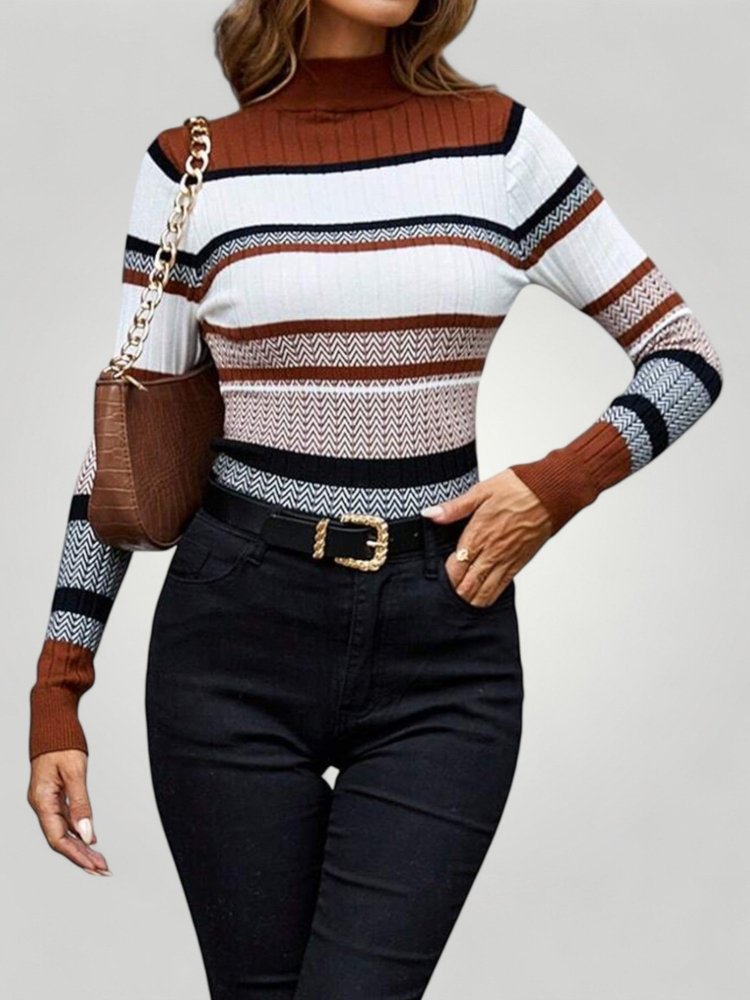 Pull Femme Rayé Chic avec Col Montant 3 - Mode Lumière