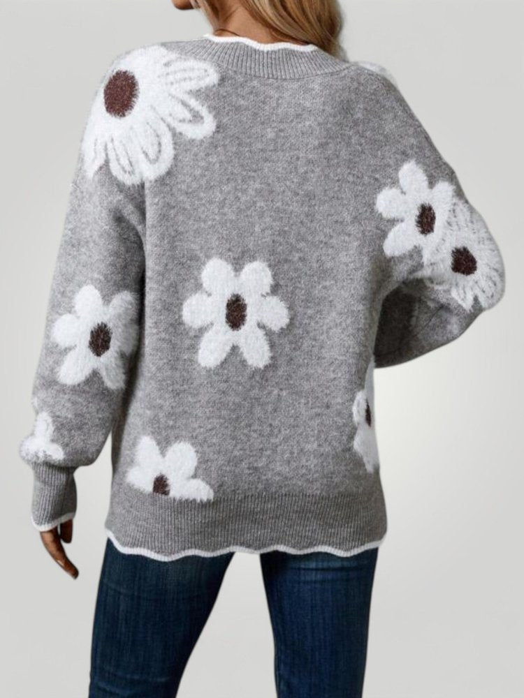 Pull Femme à Col V Élégant avec Motif Floral 2 - Mode Lumière