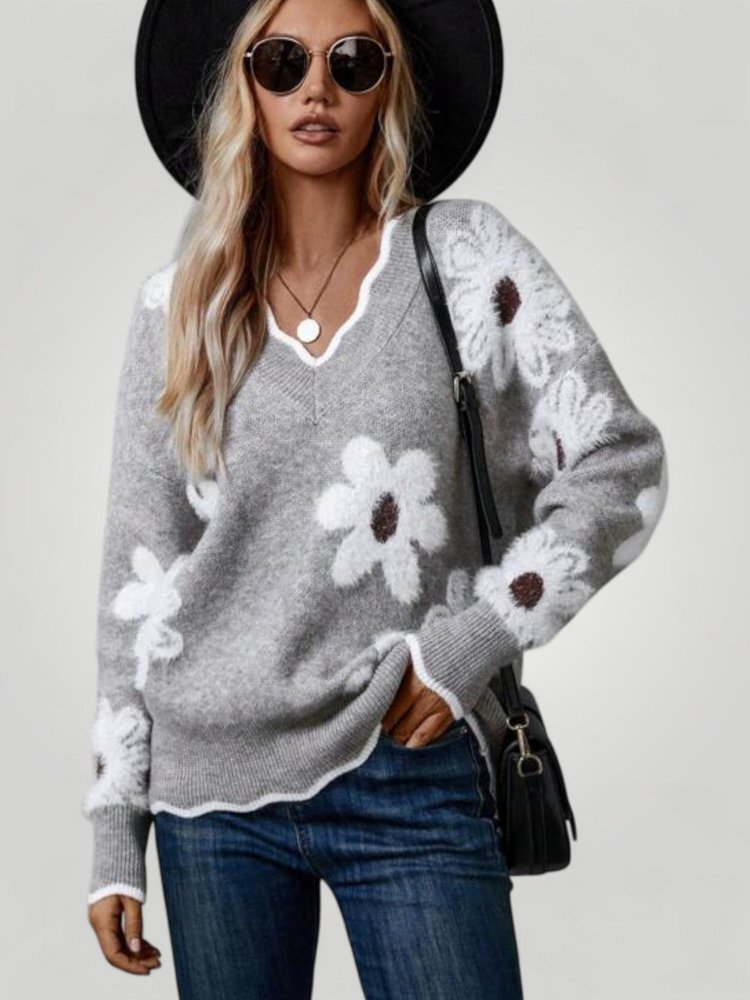 Pull Femme à Col V Élégant avec Motif Floral 3 - Mode Lumière