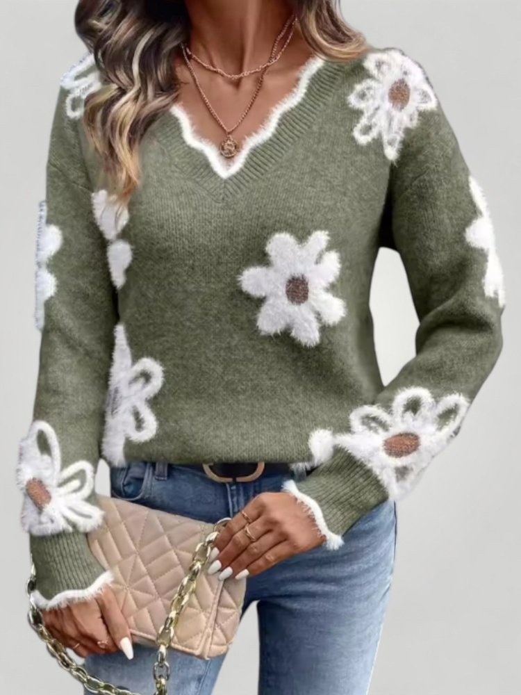 Pull Femme à Col V Élégant avec Motif Floral 4 - Mode Lumière