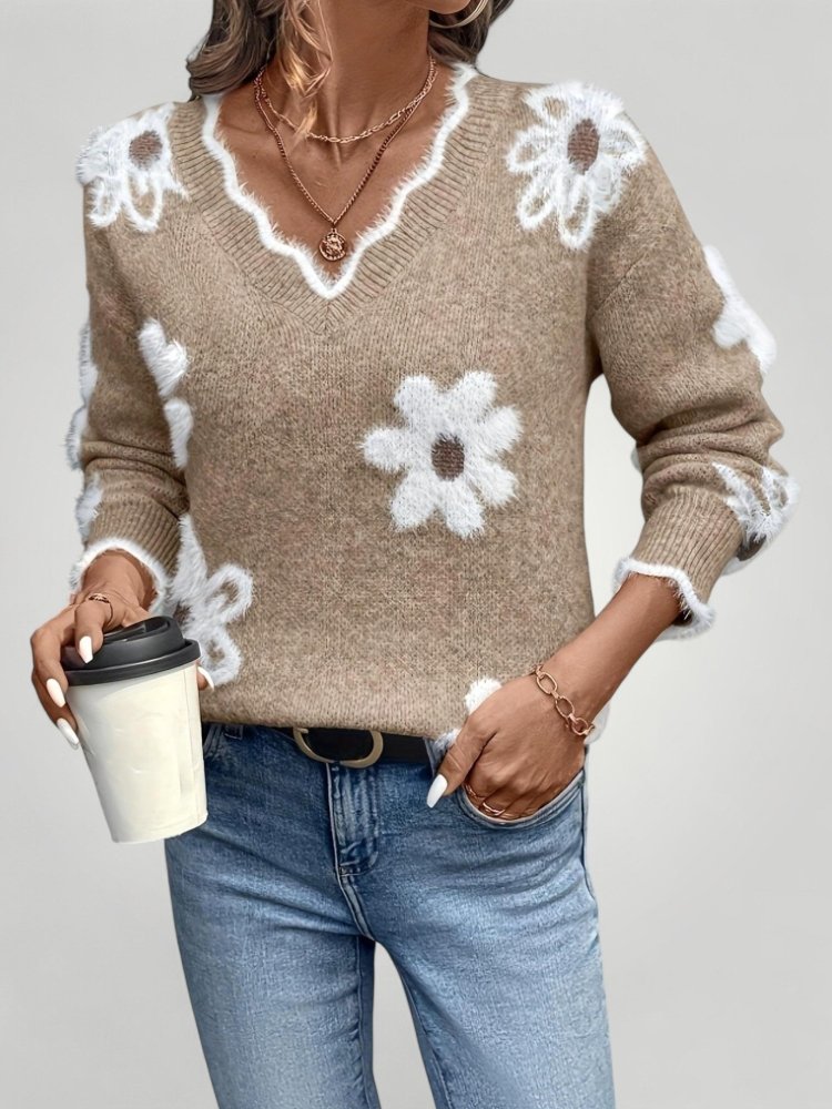 Pull Femme à Col V Élégant avec Motif Floral 5 - Mode Lumière