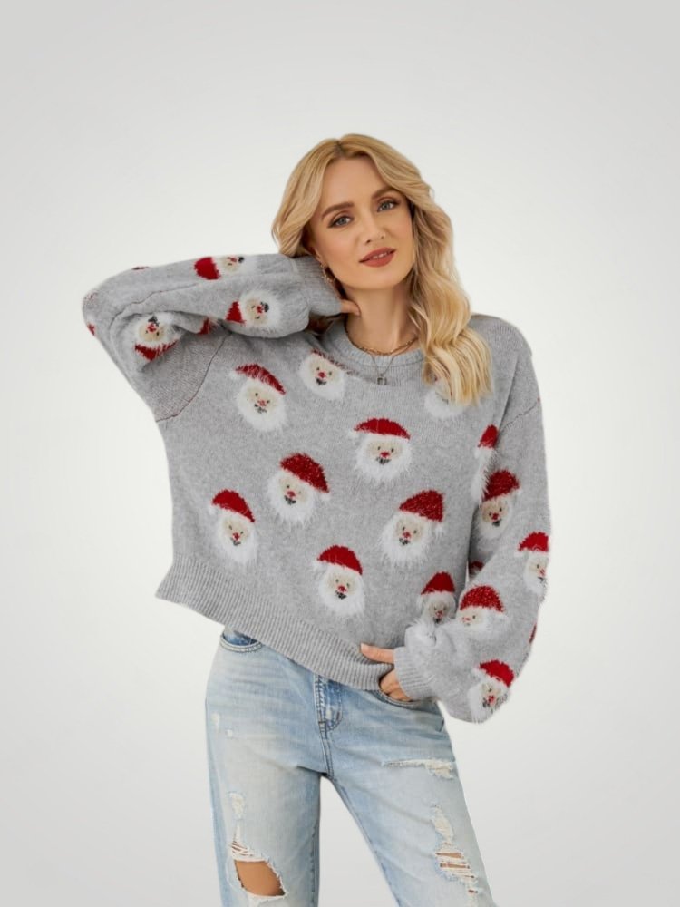 Pull Gris Festif avec Motif Père Noël 1 - Mode Lumière