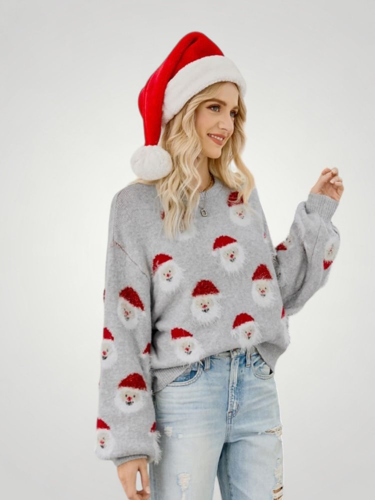 Pull Gris Festif avec Motif Père Noël 2 - Mode Lumière