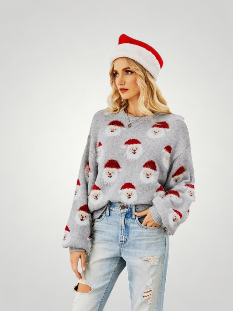 Pull Gris Festif avec Motif Père Noël 3 - Mode Lumière