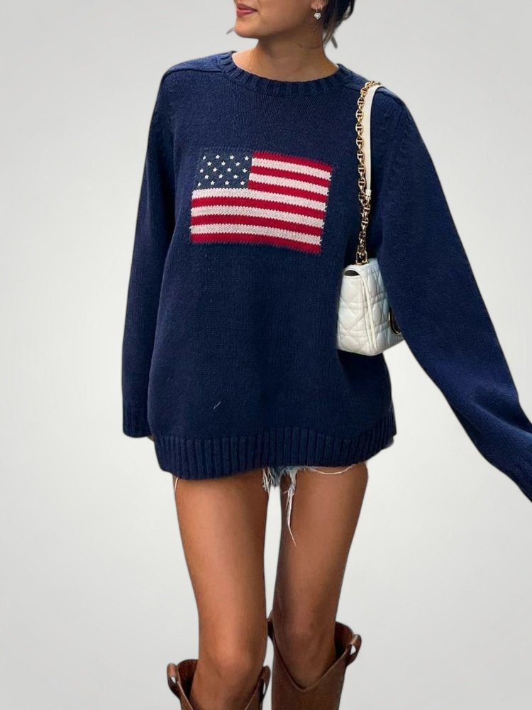 Pull Tricoté Motif Drapeau Américain Élégant 1 - Mode Lumière