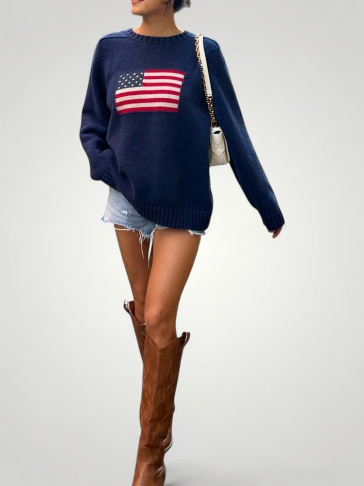 Pull Tricoté Motif Drapeau Américain Élégant 3 - Mode Lumière